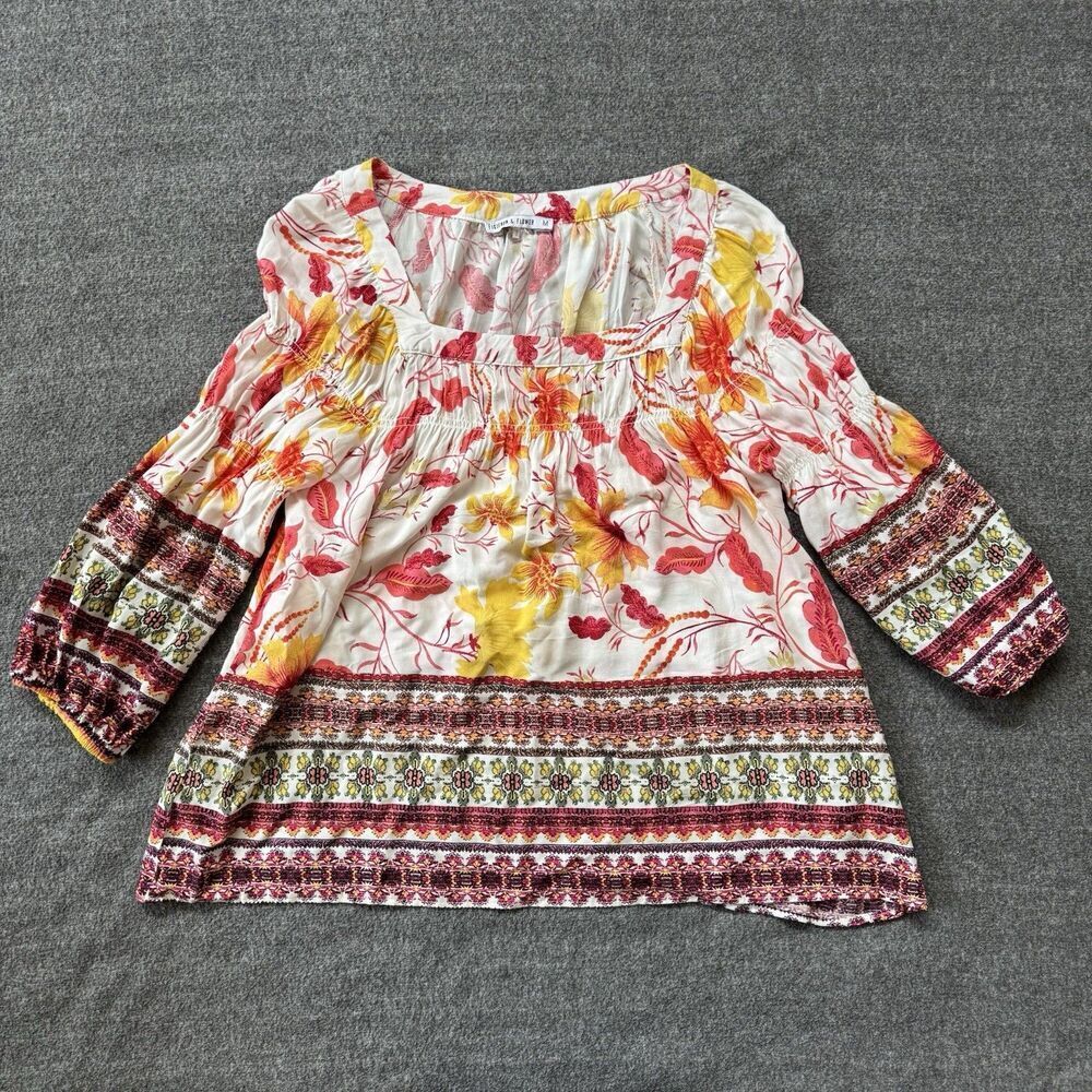 Anthropologie Fig & Flower Floral Top Medium Boho Artsy Red Colorful Peasant